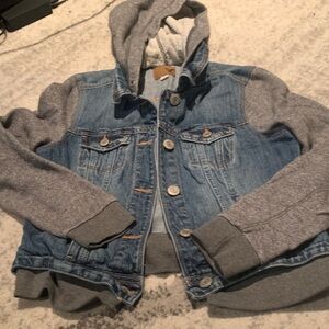 #013-American Eagle Outfitters Blue Denim Jacket with Gray Hoodie